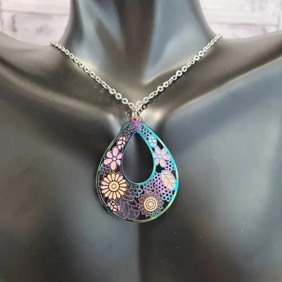 Iridescent Flower Earrings with Floral Teardrop Necklace Set - Picture 9 of 12